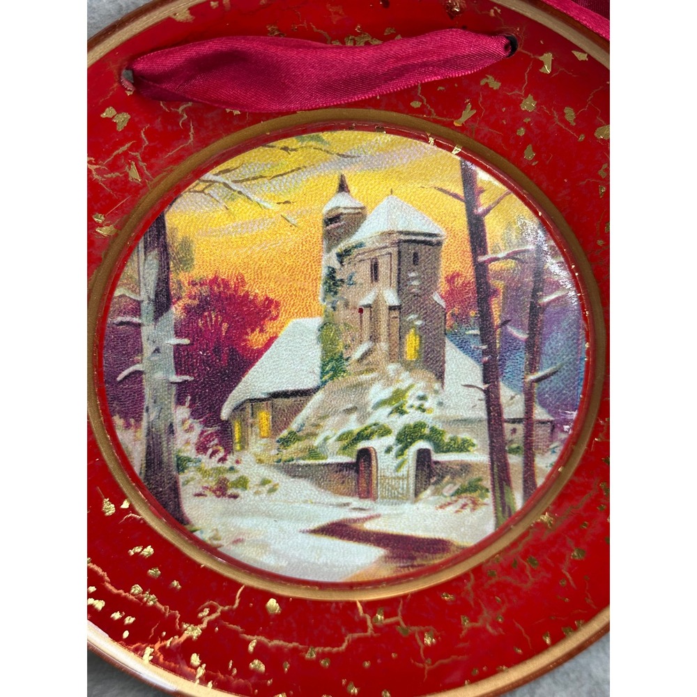 Vintage Red Christmas Plate Glass Winter Scene 9" Wall Hanging Ribbon 9" - Picture 3 of 6